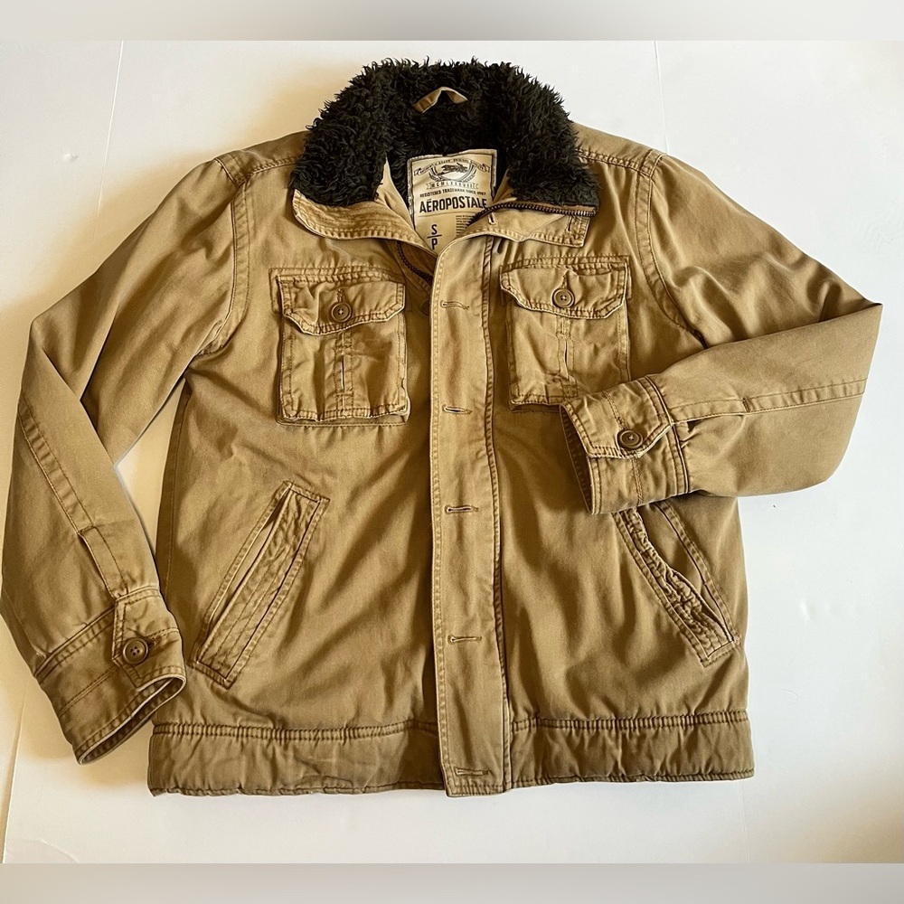 Vintage Y2K Aeropostale Canvas Field Jacket Sherpa Collar Brown Mens Small EUC